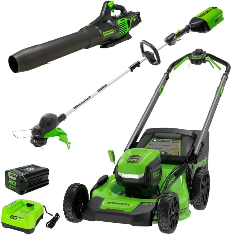 Greenworks 80V 21 Lawn Mower, 13 String Trimmer, and 730 Leaf Blowers - Image 1